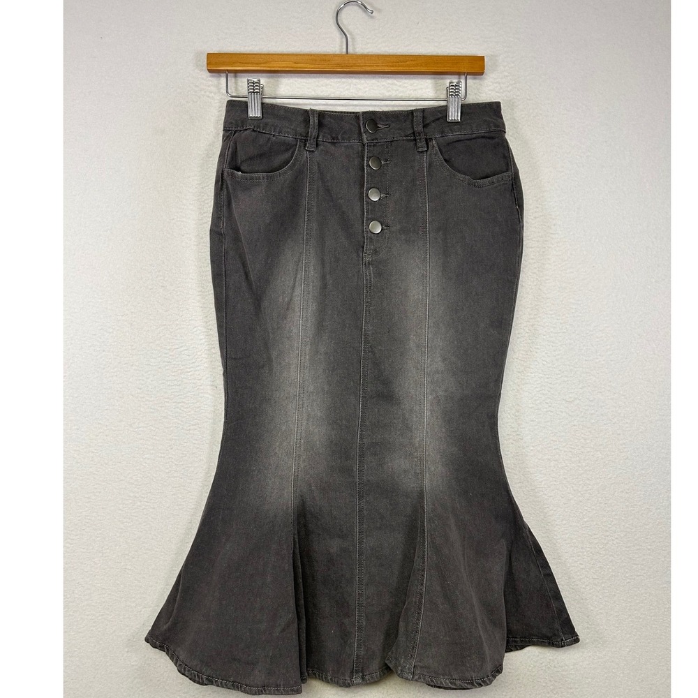 Goth Grunge Allegra K‎ Womens XS Grey Denim Button Fly Flared Mermaid Midi Skirt